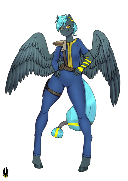 Size: 1446x2039 | Tagged: safe, artist:natt333, derpibooru import, oc, oc:storm aura, unofficial characters only, anthro, pegasus, unguligrade anthro, fallout equestria, clothes, commission, commissioner:solar aura, fallout, image, jumpsuit, pegasus oc, png, tattoo, vault suit, wings