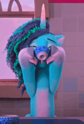 Size: 600x877 | Tagged: safe, derpibooru import, screencap, pony, unicorn, g5, my little pony: make your mark, my little pony: make your mark chapter 2, spoiler:g5, spoiler:my little pony: make your mark chapter 2, spoiler:myms01e06, animated, belly, drinking, eyes closed, female, gif, gulp, image, loop, mare, misty brightdawn, solo, swallow, swallowing, the traditional unicorn sleep-over