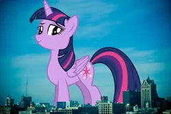 Size: 2048x1362 | Tagged: safe, artist:gamemasterluna, artist:jaredking779, derpibooru import, twilight sparkle, twilight sparkle (alicorn), alicorn, pony, female, folded wings, giant alicorn, giant pony, giantess, highrise ponies, image, irl, jpeg, looking at you, macro, mare, mega giant, milwaukee, photo, ponies in real life, smiling, solo, twizilla, wings, wisconsin