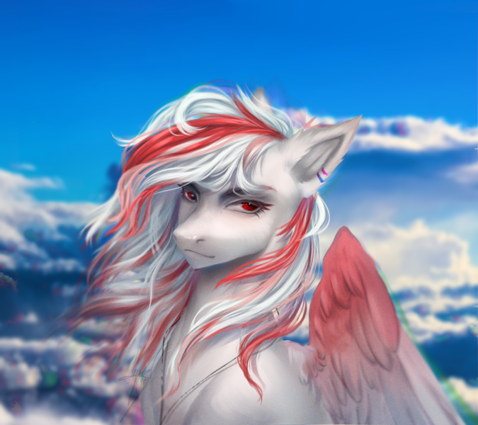 Size: 4500x4000 | Tagged: safe, artist:lynex_483, derpibooru import, oc, oc:skyshard melody, pegasus, pony, blurry background, bust, cloud, commission, confident, ear piercing, earring, female, image, jewelry, mare, outdoors, pendant, piercing, png, portrait, red eyes, red mane, sky, sky background, solo, white fur, white mane, wings