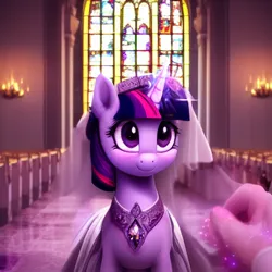 Size: 512x512 | Tagged: safe, derpibooru import, machine learning generated, stable diffusion, twilight sparkle, human, pony, unicorn, church, clothes, cute, dress, image, magic, marriage, offscreen character, offscreen human, png, twiabetes, veil, wedding, wedding dress