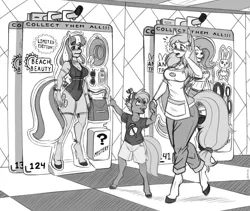 Size: 5700x4800 | Tagged: suggestive, artist:spiderweber, derpibooru import, angel bunny, button mash, cheerilee, fluttershy, oc, oc:cream heart, anthro, earth pony, pegasus, rabbit, unguligrade anthro, absurd resolution, action figure, angel bunny is not amused, animal, apron, black and white, blushing, bondage, box, breasts, busty cheerilee, busty cream heart, busty fluttershy, clothes, collar, collectible, doll, dollified, emanata, encasement, female, grayscale, grin, hat, holding hands, image, inanimate tf, jewelry, kinktober, kinktober2022, leash, male, midriff, milf, monochrome, mother and child, mother and son, mystery, necklace, one-piece swimsuit, open mouth, open smile, package, pants, png, pointing, purse, shirt, shorts, smiling, sun hat, sunglasses, sunscreen, sweat, sweatdrops, swimsuit, toy, toy store, transformation, unamused, whip, worried, ziptie
