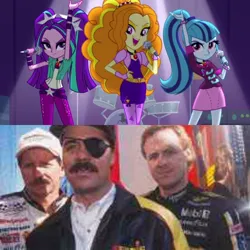 Size: 750x750 | Tagged: safe, derpibooru import, edit, screencap, adagio dazzle, aria blaze, sonata dusk, human, equestria girls, rainbow rocks, dale earnhardt, ernie irvan, eyepatch, image, irl, irl human, jpeg, looking at you, nascar, photo, the dazzlings