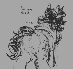 Size: 978x932 | Tagged: suggestive, artist:geonid, derpibooru import, oc, oc:leechidei, original species, pony, unicorn, butt fluff, chest fluff, curly hair, fluffy, horn, image, monochrome, png, sketch, solo, text, unicorn oc