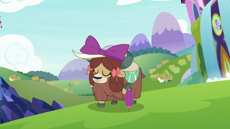 Size: 1280x720 | Tagged: safe, derpibooru import, screencap, yona, yak, season 9, she's all yak, spoiler:s09, bowtie, cloven hooves, cute, female, fit right in, happy, hat, image, monkey swings, png, solo, umbrella, yonadorable