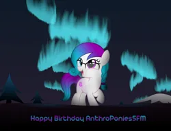 Size: 4250x3250 | Tagged: safe, artist:strategypony, derpibooru import, oc, oc:aurora starling, unofficial characters only, earth pony, pony, aurora borealis, birthday, braid, cute, earth pony oc, female, filly, foal, glasses, gradient mane, gradient tail, high res, image, looking up, mountain, night, ocbetes, png, tail, text, tree