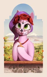 Size: 2611x4263 | Tagged: safe, artist:uliovka, derpibooru import, pipp petals, pegasus, pony, calaverita, cempasúchil, dia de los muertos, female, flower, g5, image, mare, png, scenery, solo