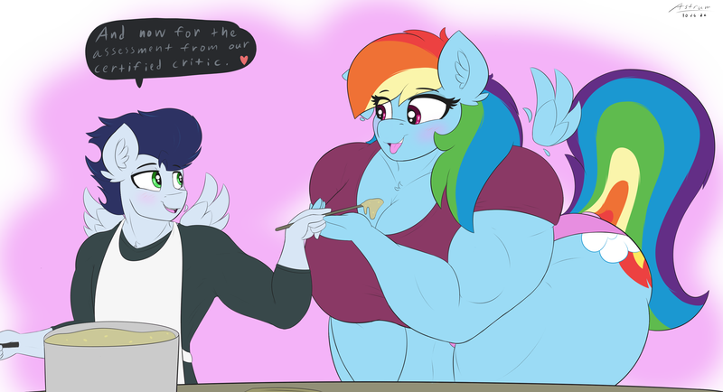 Size: 3500x1900 | Tagged: suggestive, artist:astrum, derpibooru import, rainbow dash, soarin', anthro, pegasus, abstract background, amazon, bent over, biceps, big breasts, blushing, breasts, busty rainbow dash, butt, chest fluff, cleavage, clothes, cooking, curvy, deltoids, dialogue, digital art, female, food, happy, height difference, image, large butt, larger female, leaning, lidded eyes, long sleeved shirt, long sleeves, looking at each other, looking at someone, male, muscles, muscular female, open mouth, panties, pecs, png, pot, rainbuff dash, rainbutt dash, romantic, shipping, shirt, size difference, smaller male, smiling, soarindash, spoon, straight, t-shirt, talking, thighs, thunder thighs, tongue out, underwear, voluptudash, wholesome