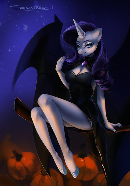 Size: 892x1280 | Tagged: safe, artist:severnoesi, derpibooru import, rarity, anthro, undead, unguligrade anthro, unicorn, vampire, bat wings, breasts, busty rarity, cleavage, female, halloween, holiday, image, jpeg, solo, wings