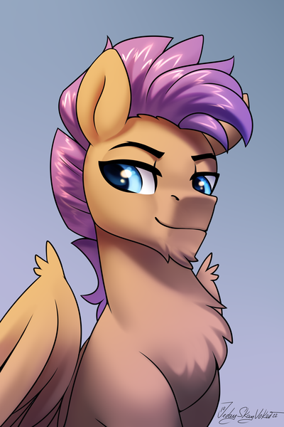 Size: 2000x3000 | Tagged: safe, artist:jedayskayvoker, derpibooru import, oc, oc:bulwark, pegasus, pony, blue eyes, bust, chest fluff, chin fluff, eyebrows, folded wings, gradient background, icon, image, male, patreon, patreon reward, pegasus oc, png, portrait, smiling, solo, stallion, wings