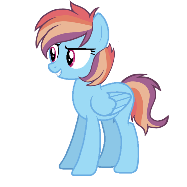 Size: 3072x3072 | Tagged: source needed, safe, artist:taeko, derpibooru import, oc, oc:rainbow borealis, unofficial characters only, pegasus, pony, 2022, blue body, derpibooru exclusive, female, folded wings, image, magical lesbian spawn, mare, multicolored mane, multicolored tail, offspring, parent:rainbow dash, parent:scootaloo, parents:scootadash, pegasus oc, png, simple background, tail, transparent background, wings