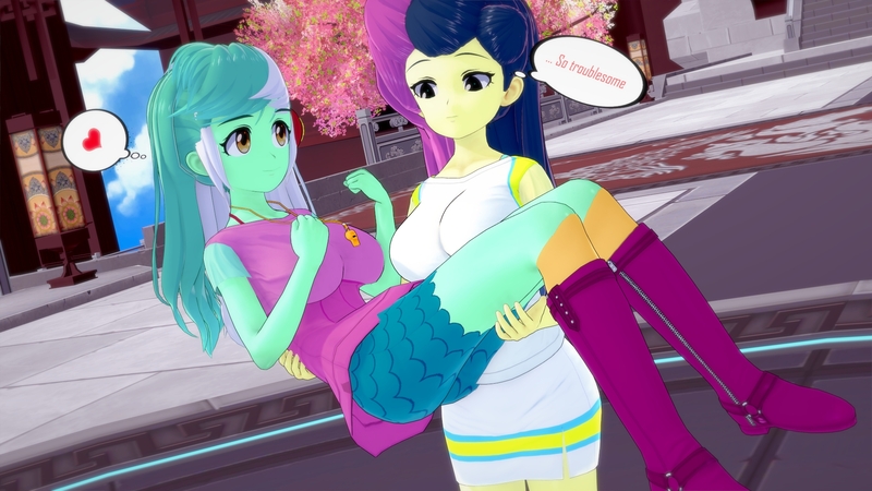 Size: 1920x1080 | Tagged: safe, artist:hornydogo, derpibooru import, bon bon, lyra heartstrings, sweetie drops, equestria girls, 3d, breasts, bridal carry, busty bon bon, busty lyra heartstrings, carrying, female, heart, image, jpeg, koikatsu, lesbian, lyrabon, shipping, thought bubble