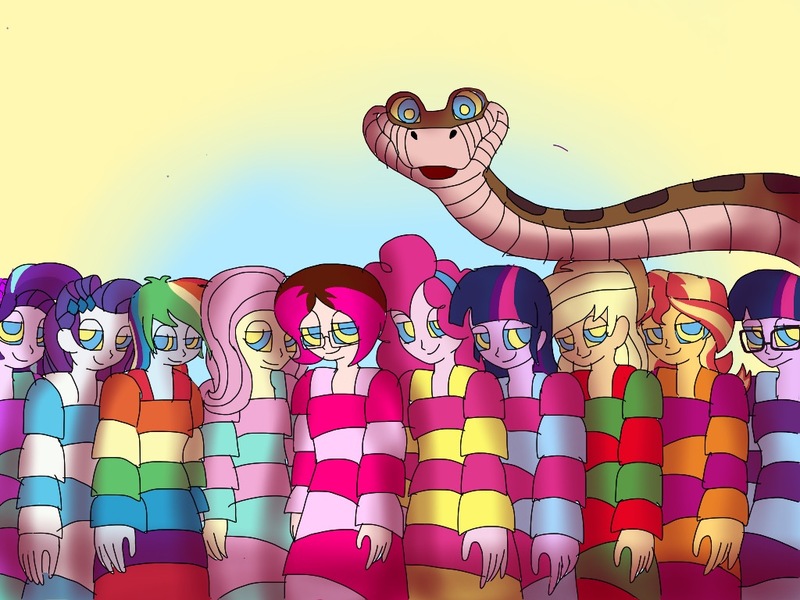 Size: 1024x768 | Tagged: safe, artist:artsymlp12, derpibooru import, applejack, fluttershy, pinkie pie, rainbow dash, rarity, sci-twi, starlight glimmer, sunset shimmer, twilight sparkle, twilight sparkle (alicorn), oc, alicorn, human, snake, equestria girls, clothes, crossover, daze, daze applejack, daze fluttershy, daze pinkie, daze rainbow, daze rarity, daze sci-twi, daze starlight, daze sunset, daze twilight, dress, hypno eyes, hypnosis, hypnotized, image, jpeg, kaa, long dress, long skirt, skirt, the jungle book