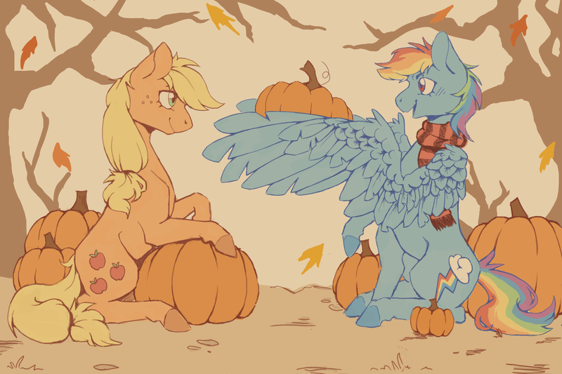 Size: 3000x2000 | Tagged: safe, artist:flaming-trash-can, derpibooru import, applejack, rainbow dash, earth pony, pegasus, pony, autumn, clothes, image, leaves, png, pumpkin, scarf, striped scarf, tree