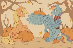 Size: 3000x2000 | Tagged: safe, artist:flaming-trash-can, derpibooru import, applejack, rainbow dash, earth pony, pegasus, pony, autumn, clothes, image, leaves, png, pumpkin, scarf, striped scarf, tree