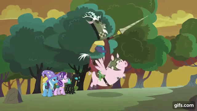 Size: 640x360 | Tagged: safe, derpibooru import, screencap, discord, starlight glimmer, thorax, trixie, changeling, draconequus, pony, unicorn, season 6, to where and back again, animated, clothes, female, g4, gif, gifs.com, hat, image, male, mare, trixie's hat