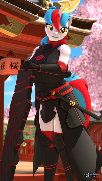 Size: 1080x1920 | Tagged: safe, artist:anthroponiessfm, derpibooru import, oc, oc:audina puzzle, anthro, unicorn, 3d, anthro oc, armor, cherry blossoms, female, flower, flower blossom, horn, image, png, shield, source filmmaker, sword, unicorn oc, weapon