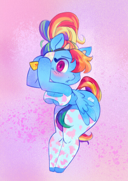 Size: 903x1280 | Tagged: safe, artist:v33tox, derpibooru import, rainbow dash, anthro, pegasus, unguligrade anthro, alternate hairstyle, arm hooves, big breasts, blushing, breasts, busty rainbow dash, butt, chibi, clothes, cow ears, cow horns, cowprint, headband, hips, horns, image, jpeg, large butt, looking at you, one eye covered, ponytail, socks, solo, thigh highs, thighs, thunder thighs, wide hips