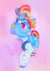 Size: 903x1280 | Tagged: safe, artist:v33tox, derpibooru import, rainbow dash, anthro, pegasus, unguligrade anthro, alternate hairstyle, arm hooves, big breasts, blushing, breasts, busty rainbow dash, butt, chibi, clothes, cow ears, cow horns, cowprint, headband, hips, horns, image, jpeg, large butt, looking at you, one eye covered, ponytail, socks, solo, thigh highs, thighs, thunder thighs, wide hips