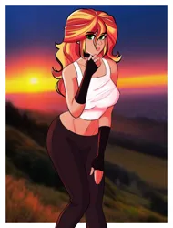 Size: 1533x2019 | Tagged: safe, artist:exvius, derpibooru import, sunset shimmer, human, equestria girls, belly button, breasts, hill, image, png, solo, sunset, thinking