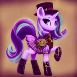 Size: 1024x1024 | Tagged: safe, derpibooru import, editor:siber, machine learning generated, purplesmart.ai, stable diffusion, starlight glimmer, pony, unicorn, clothes, dress, female, hat, image, looking at you, mare, png, raised hoof, raised leg, smiling, solo, steampunk, top hat