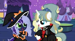 Size: 1500x818 | Tagged: safe, artist:princessmoonsilver, derpibooru import, oc, oc:alisa, oc:krystel, pony, unicorn, base used, clothes, costume, dress, duo, female, filly, foal, halloween, hat, holiday, image, jpeg, mother and child, mother and daughter, nightmare night, witch hat