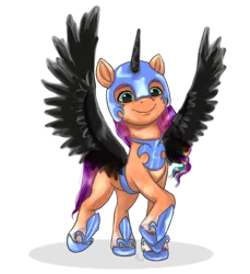 Size: 1024x1117 | Tagged: safe, artist:zsnowfilez, derpibooru import, nightmare moon, sunny starscout, pony, clothes, cosplay, costume, g5, image, nightmare moon armor, nightmare night costume, nightmare sunny, png, simple background, solo, transparent background