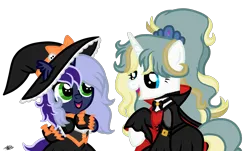 Size: 1800x1089 | Tagged: safe, alternate version, artist:princessmoonsilver, derpibooru import, oc, oc:alisa, oc:krystel, unofficial characters only, pony, unicorn, clothes, costume, dress, duo, female, filly, foal, halloween, hat, holiday, image, mother and child, mother and daughter, nightmare night, png, simple background, transparent background, vector, witch hat