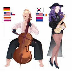 Size: 2048x2048 | Tagged: safe, artist:cryweas, derpibooru import, applejack, rarity, human, american flag, asian, barefoot, bisexual pride flag, bow (instrument), cello, cello bow, clothes, coat, digital art, duo, elf ears, feet, female, flag, german flag, germany, gloves, hat, headcanon, high heels, image, jewelry, jpeg, lesbian, lesbian pride flag, musical instrument, nail polish, necklace, pants, pride, pride flag, rarijack, saxophone, shipping, shirt, shoes, shorts, simple background, socks, south korea, south korean flag, stockings, thigh highs, white background