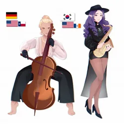 Size: 2048x2048 | Tagged: safe, artist:cryweas, derpibooru import, applejack, rarity, human, american flag, asian, barefoot, bow (instrument), cello, cello bow, clothes, coat, digital art, duo, elf ears, feet, female, flag, german flag, germany, gloves, hat, headcanon, high heels, image, jewelry, jpeg, lesbian, musical instrument, nail polish, necklace, pants, rarijack, saxophone, shipping, shirt, shoes, shorts, simple background, socks, south korea, south korean flag, stockings, thigh highs, white background