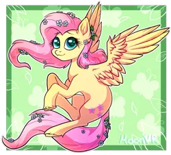 Size: 1175x1063 | Tagged: safe, artist:moonvr, derpibooru import, fluttershy, pegasus, pony, abstract background, chest fluff, ear fluff, female, flower, flower in hair, flower in tail, image, looking up, mare, outline, png, solo, spread wings, tail, three quarter view, unshorn fetlocks, white outline, wings