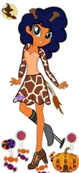 Size: 1121x2427 | Tagged: safe, artist:mapleb, derpibooru import, oc, oc:heartspring, unofficial characters only, giraffe, human, amputee, candy, clothes, costume, dress, food, grin, hairband, halloween, halloween costume, high heels, holiday, humanized, humanized oc, image, lollipop, moon, nonbinary, png, prosthetic leg, prosthetic limb, prosthetics, pumpkin, shoes, simple background, smiling, solo, transparent background