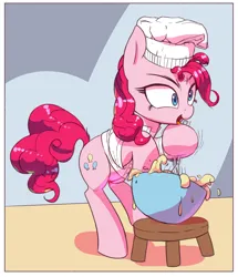 Size: 3000x3489 | Tagged: safe, artist:vultraz, derpibooru import, pinkie pie, earth pony, pony, baking, bowl, chef's hat, clothes, dough, egg beater, female, hat, image, mare, mixing, mixing bowl, open mouth, pinktober, png, shirt, solo, stool