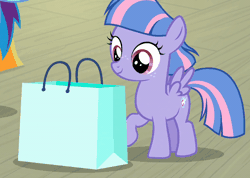 Size: 800x571 | Tagged: safe, derpibooru import, screencap, wind sprint, pegasus, pony, animated, bag, book, disappointed, disappointment, female, filly, foal, freckles, gif, image, present, shopping bag, solo, spread wings, talking, unamused, wind sprint is not amused, wings