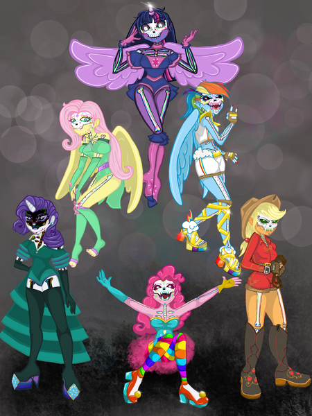 Size: 1620x2160 | Tagged: safe, artist:weegeepie-nightring, derpibooru import, applejack, fluttershy, pinkie pie, rainbow dash, rarity, twilight sparkle, human, alicorn humanization, applejack's hat, barefoot, belt, bodypaint, bone, boots, choker, clothes, cowboy boots, cowboy hat, dress, evening gloves, face paint, feet, female, fingerless gloves, gloves, halloween, hat, high heel boots, holiday, horn, horned humanization, humanized, image, lasso, long gloves, mane six, midriff, nail polish, open mouth, png, pony coloring, rainbow socks, rope, sandals, shoes, shorts, skeleton, skirt, skull, socks, striped socks, sugar skull, toes, winged humanization, wings
