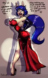 Size: 2095x3380 | Tagged: safe, artist:sutibaruart, colorist:milkymint, derpibooru import, oc, oc:monique, unofficial characters only, anthro, ghost, undead, body control, clothes, dick sucking lips, dress, evening gloves, gloves, high heels, image, jessica rabbit dress, latex, latex gloves, long gloves, open-back dress, png, possessed, red dress, shoes, side slit, strapless, strapless dress, total sideslit