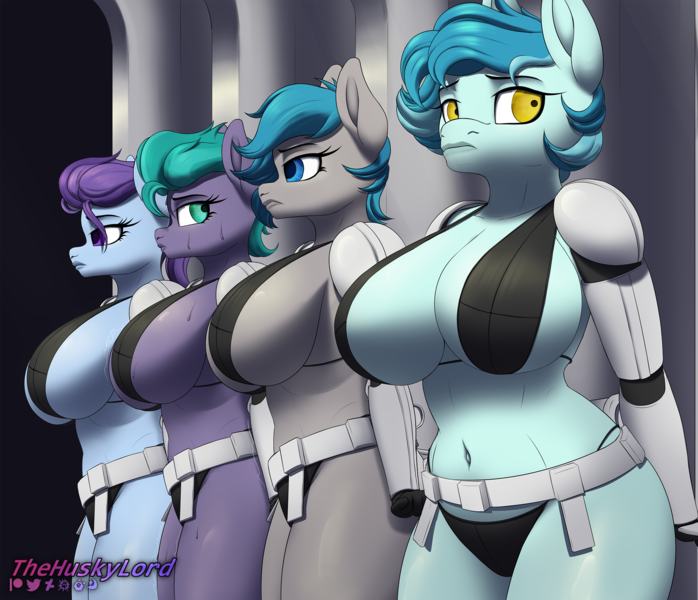 Size: 2146x1846 | Tagged: questionable, artist:thehuskylord, derpibooru import, guardian angel (character), queen chrysalis, vanguard cover, anthro, earth pony, pony, abs, armor, belt, bikini, breasts, cleavage, clothes, disguise, disguised changeling, female, g5, guard, guardian angel, guardsmare, image, line-up, mare, midriff, nervous, png, pouting, royal guard, shaking, simple background, star wars, sweat, swimsuit, unconvincing armor, zoom zephyrwing