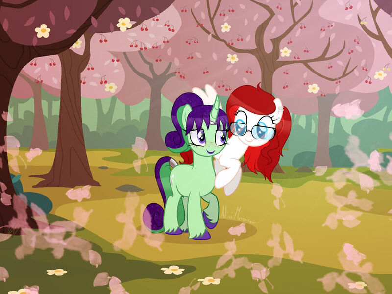 Size: 900x675 | Tagged: safe, artist:nivimonster, derpibooru import, oc, oc:nivi alien, oc:sketchy, unofficial characters only, pegasus, pony, unicorn, cherry blossoms, cherry tree, female, flower, flower blossom, glasses, image, jpeg, mare, tre, tree