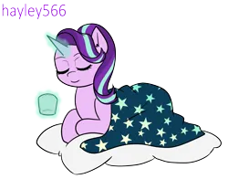 Size: 2375x1865 | Tagged: safe, artist:hayley566, derpibooru import, starlight glimmer, pony, unicorn, blanket, eyes closed, female, glow, glowing horn, horn, image, magic, png, simple background, telekinesis, transparent background