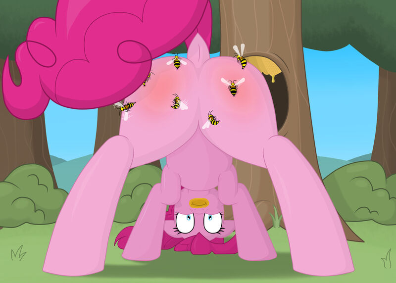 Size: 1920x1372 | Tagged: suggestive, artist:bsting, derpibooru import, pinkie pie, bee, earth pony, insect, pony, balloonbutt, bee fetish, bee sting, beehive, bush, butt, caught, image, jpeg, looking back, pain, plot, tree