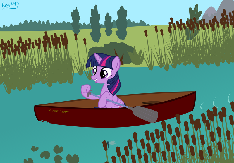 Size: 4478x3118 | Tagged: safe, artist:ironm17, derpibooru import, twilight sparkle, twilight sparkle (alicorn), alicorn, pony, canoe, cattails, female, hoof hold, image, png, reeds, solo, water