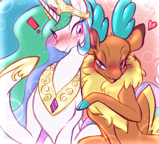 Size: 2048x1856 | Tagged: safe, artist:chilif, derpibooru import, princess celestia, velvet reindeer, them's fightin' herds, community related, crack shipping, image, jpeg, mistake, shipping