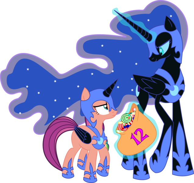 Size: 1371x1291 | Tagged: safe, anonymous artist, derpibooru import, nightmare moon, sunny starscout, alicorn, pony, mlp fim's twelfth anniversary, my little pony: tell your tale, spoiler:g5, spoiler:my little pony: tell your tale, spoiler:tyts01e30, .svg available, bag, candy, clothes, cosplay, costume, duo, eyelashes, female, food, g5, glow, glowing horn, helmet, hoof shoes, horn, image, looking at each other, looking at someone, magic, mare, nightmare moon armor, nightmare night costume, nightmare night party, nightmare sunny, peytral, png, simple background, telekinesis, transparent background, vector
