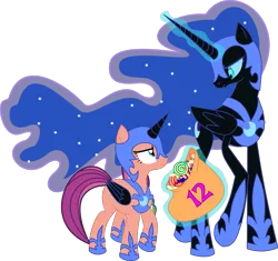 Size: 1371x1291 | Tagged: safe, anonymous artist, derpibooru import, nightmare moon, sunny starscout, alicorn, pony, mlp fim's twelfth anniversary, my little pony: tell your tale, spoiler:g5, spoiler:my little pony: tell your tale, spoiler:tyts01e30, .svg available, bag, candy, clothes, cosplay, costume, duo, eyelashes, female, food, g5, glow, glowing horn, helmet, hoof shoes, horn, image, looking at each other, looking at someone, magic, mare, nightmare moon armor, nightmare night costume, nightmare night party, nightmare sunny, peytral, png, simple background, telekinesis, transparent background, vector