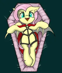 Size: 2200x2600 | Tagged: safe, artist:dumbwoofer, derpibooru import, fluttershy, bat pony, pegasus, pony, bat ponified, clothes, coffin, costume, dracula, fangs, flutterbat, halloween, halloween costume, holiday, image, png, race swap, solo, spooky, tongue out