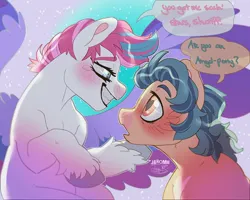 Size: 1080x864 | Tagged: safe, artist:jahomii.ponii, derpibooru import, hitch trailblazer, zipp storm, earth pony, pegasus, pony, blushing, female, g5, heart, heart eyes, hitchzipp, image, jpeg, male, mare, shipping, smiling, speech bubble, spread wings, stallion, straight, text, wingding eyes, wings