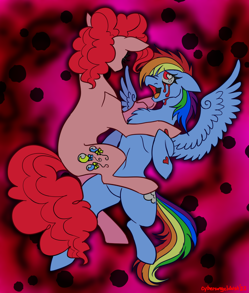 Size: 1251x1476 | Tagged: semi-grimdark, artist:mechanakal, derpibooru import, pinkie pie, rainbow dash, earth pony, pegasus, pony, abstract background, blood, chest fluff, crying, duo, duo female, female, floating, fluffy, hair over one eye, heart, heart eyes, image, looking at each other, looking at someone, looking up, lying down, mare, mounting, needs more saturation, on back, open mouth, open smile, png, raised hoof, rear view, ribs, saturated, smiling, spread wings, tears of blood, underhoof, vent art, wingding eyes, wings
