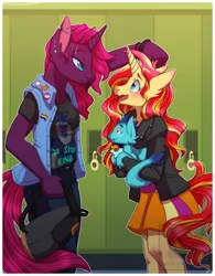 Size: 996x1280 | Tagged: safe, artist:pornypastel, derpibooru import, sunset shimmer, tempest shadow, anthro, cat, unicorn, alternate universe, barbell piercing, blushing, ear piercing, high school, horn, image, jpeg, lockers, looking at each other, looking at someone, piercing, pride flag