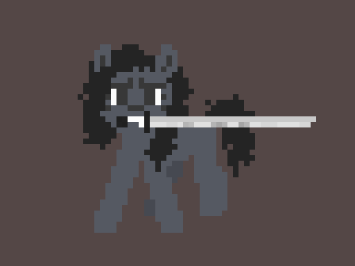 Size: 512x384 | Tagged: safe, artist:longsword, derpibooru import, oc, unofficial characters only, earth pony, pony, abstract background, battle stance, derpibooru exclusive, female, gray coat, image, mare, messy hair, messy mane, messy tail, mouth hold, pixel art, png, solo, sword, tail, weapon
