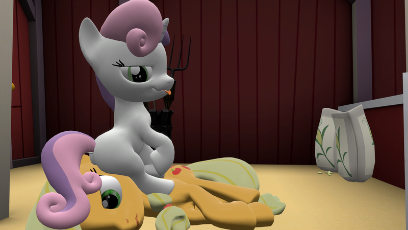 Size: 3840x2160 | Tagged: suggestive, derpibooru import, applejack, sweetie belle, 3d, :p, female, foaldom, image, lesbian, png, shipping, sitting on head, sitting on person, smug, source filmmaker, sweet apple acres barn, sweetiejack, tongue out